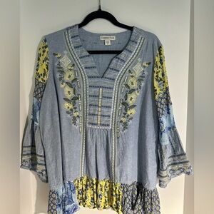 Coldwater Creek Blue and Yellow Embroidered Blouse